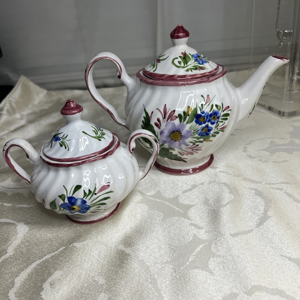 tea pot vintage hand painted in portugal . white pink and blue green Set Of 2